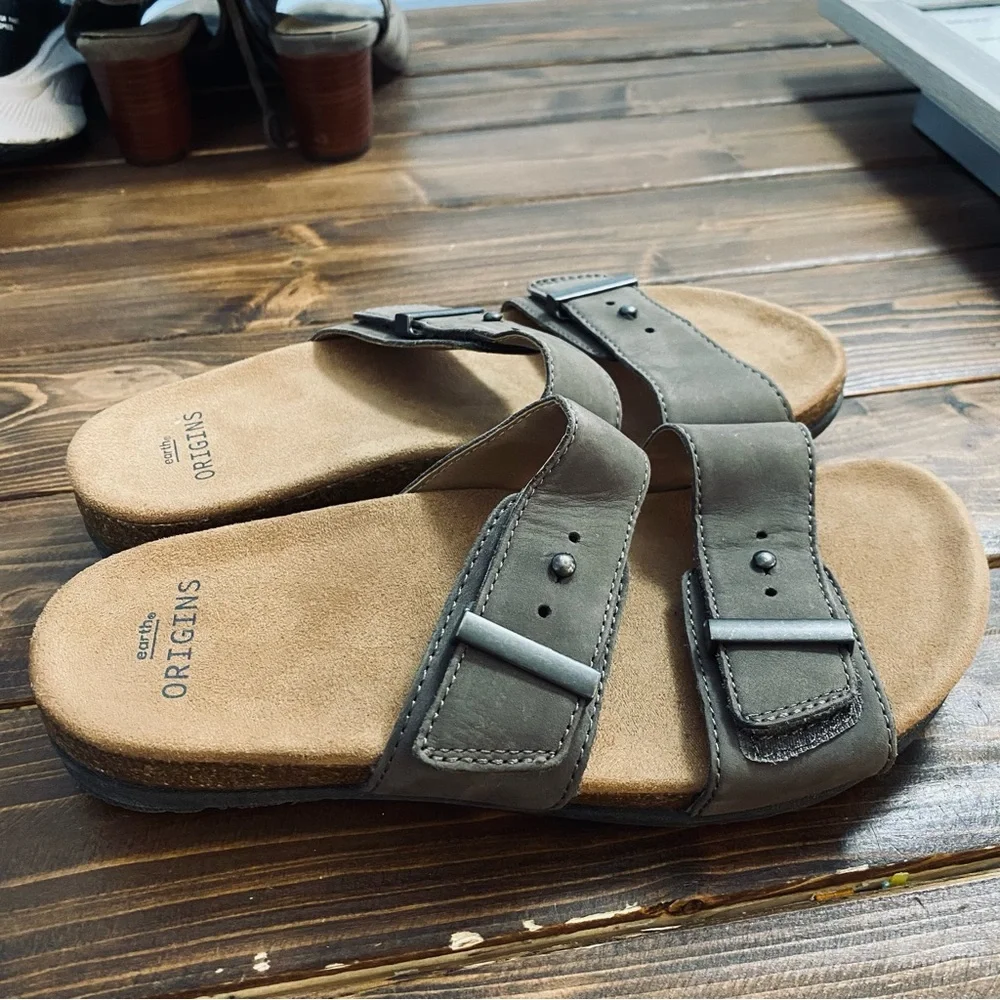 Earth‎ Origins Orra Genuine Leather Velcro Double Band Slide Sandals Color Morel